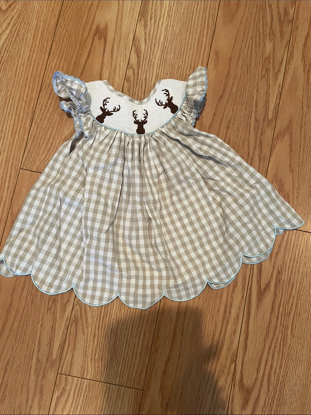 Beige Gingham Deer Embroidered Baby One-Piece